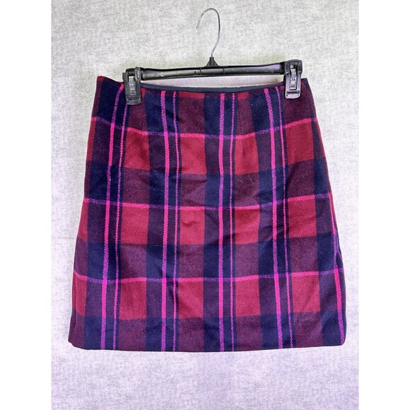 Loft Skirt Size 2 Short Pink Plaid Wool Checkered  Lined Side Zip Button Accent - Picture 6 of 6